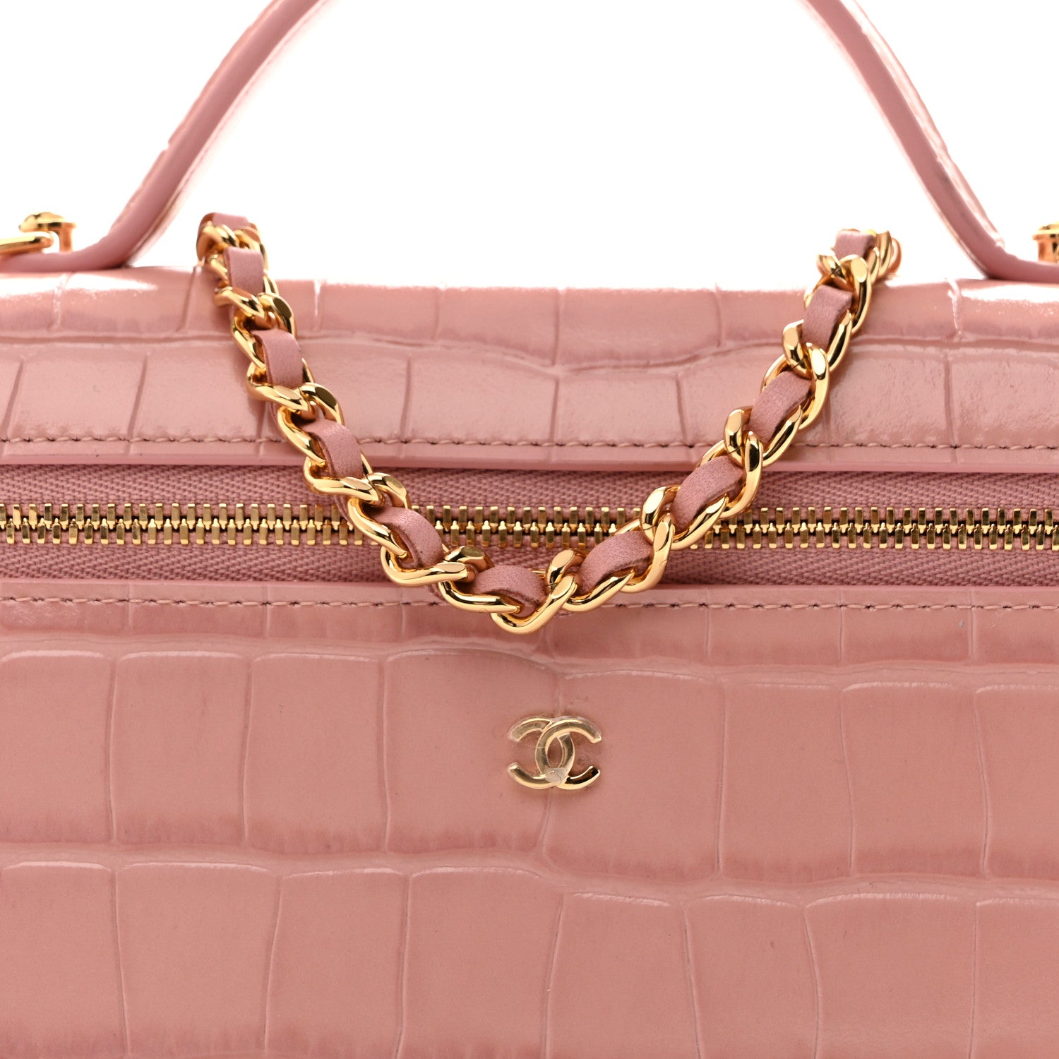 Chanel Calfskin Crocodile Embossed Crococo Top Handle Slim Vanity Case With Chain Pink 8 of 13