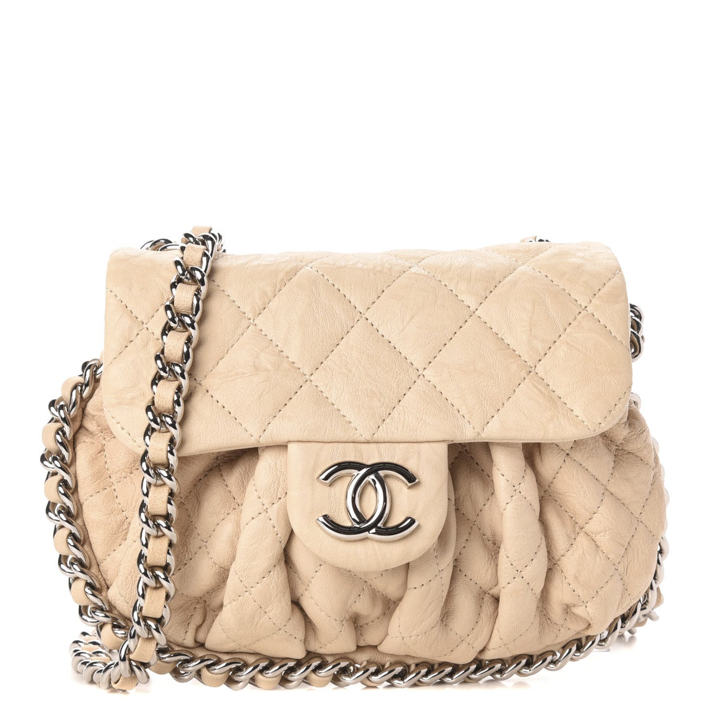 Washed Lambskin Quilted Mini Chain Around Flap Beige