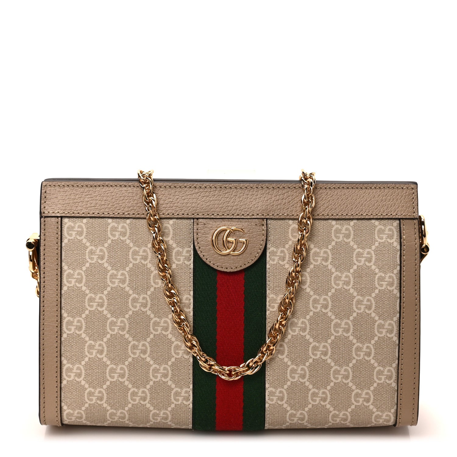 Gucci GG Supreme Monogram Textured Dollar Calfskin Web Small Ophidia Chain Shoulder Bag Beige Mystic White Oatmeal 1 of 9