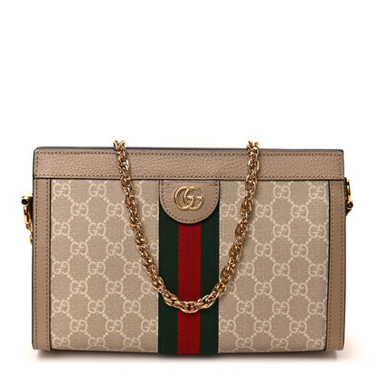 Gucci GG Supreme Monogram Textured Dollar Calfskin Web Small Ophidia Chain Shoulder Bag Beige Mystic White Oatmeal 1 of 9