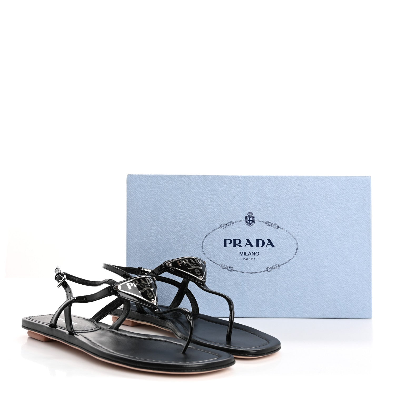 Prada Vernice Metal Triangle Logo Slingback Flat Thong Sandals 39 Black 10 of 10