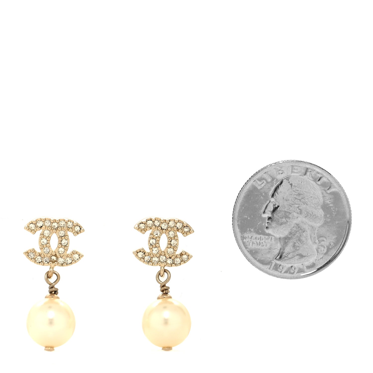Chanel Crystal Pearl CC Drop Earrings Gold 2 of 5