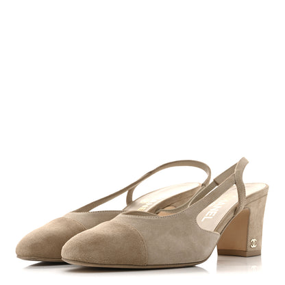 Chanel Suede Cap Toe CC Slingback Pumps 38 Ivory Light Beige 4 of 10