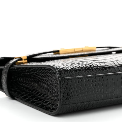 Saint Laurent Shiny Calfskin Crocodile Embossed Small Manhattan Baguette Black 8 of 9