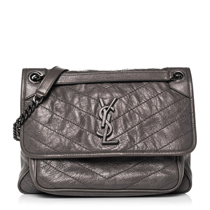 Saint Laurent Crinkled Calfskin Matelasse Monogram Medium Niki Chain Satchel Dark Chocolate 1 of 16