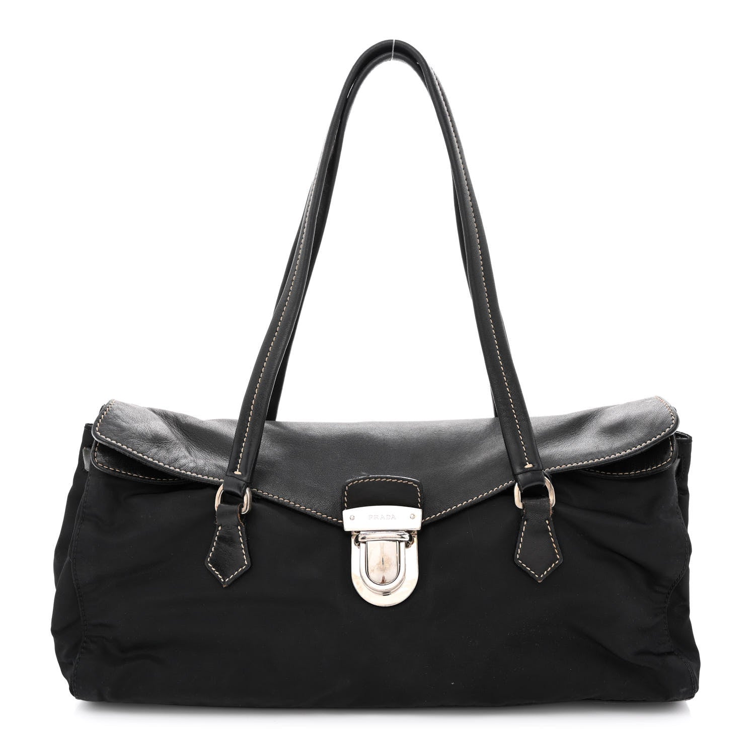 Prada Tessuto Nylon Vitello Foldover Pushlock Satchel Black 1 of 16