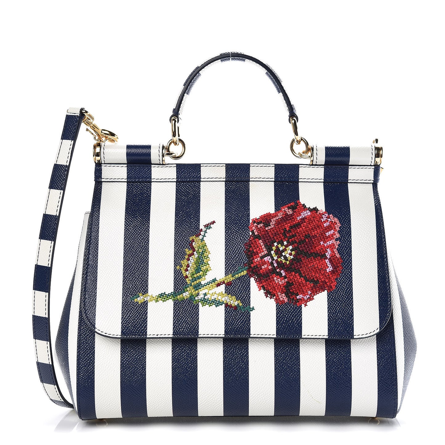 Dauphine Embroidered Striped Print Medium Miss Sicily Satchel White