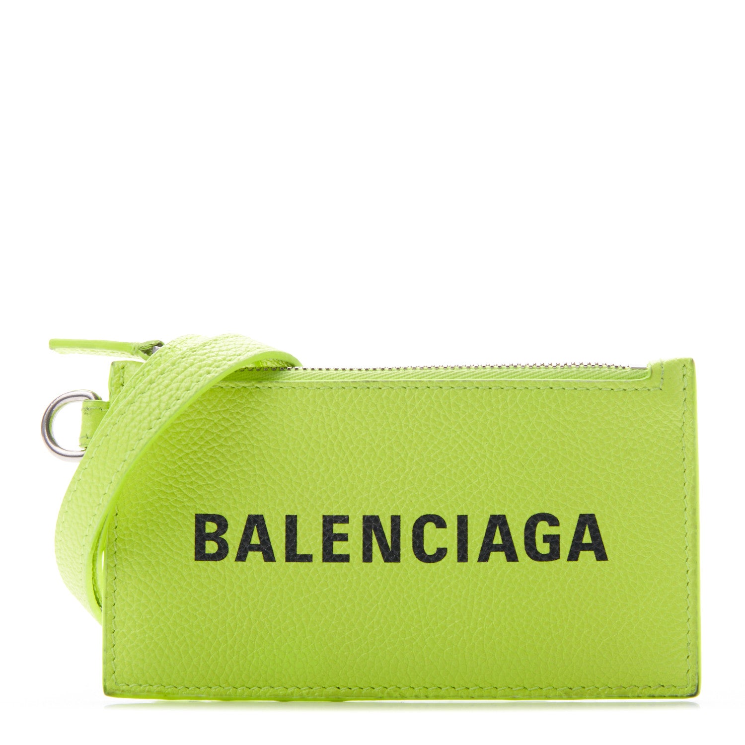 Balenciaga Grained Calfskin Logo Cash Coin Card Holder On Keychain Fluo Yellow Black 1 of 10