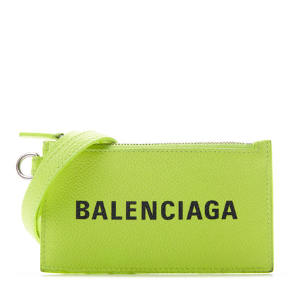 Balenciaga Grained Calfskin Logo Cash Coin Card Holder On Keychain Fluo Yellow Black 1 of 10