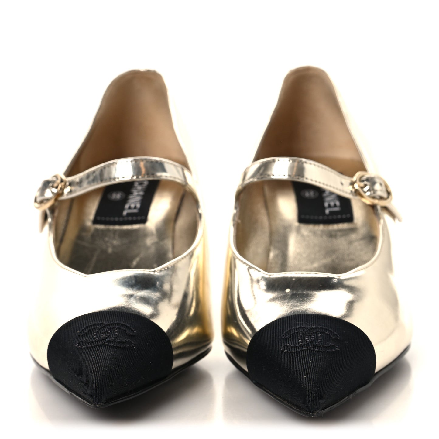 Laminated Calfskin Grosgrain Cap Toe CC Pointed Toe Wedge Pumps 36 Gold Black