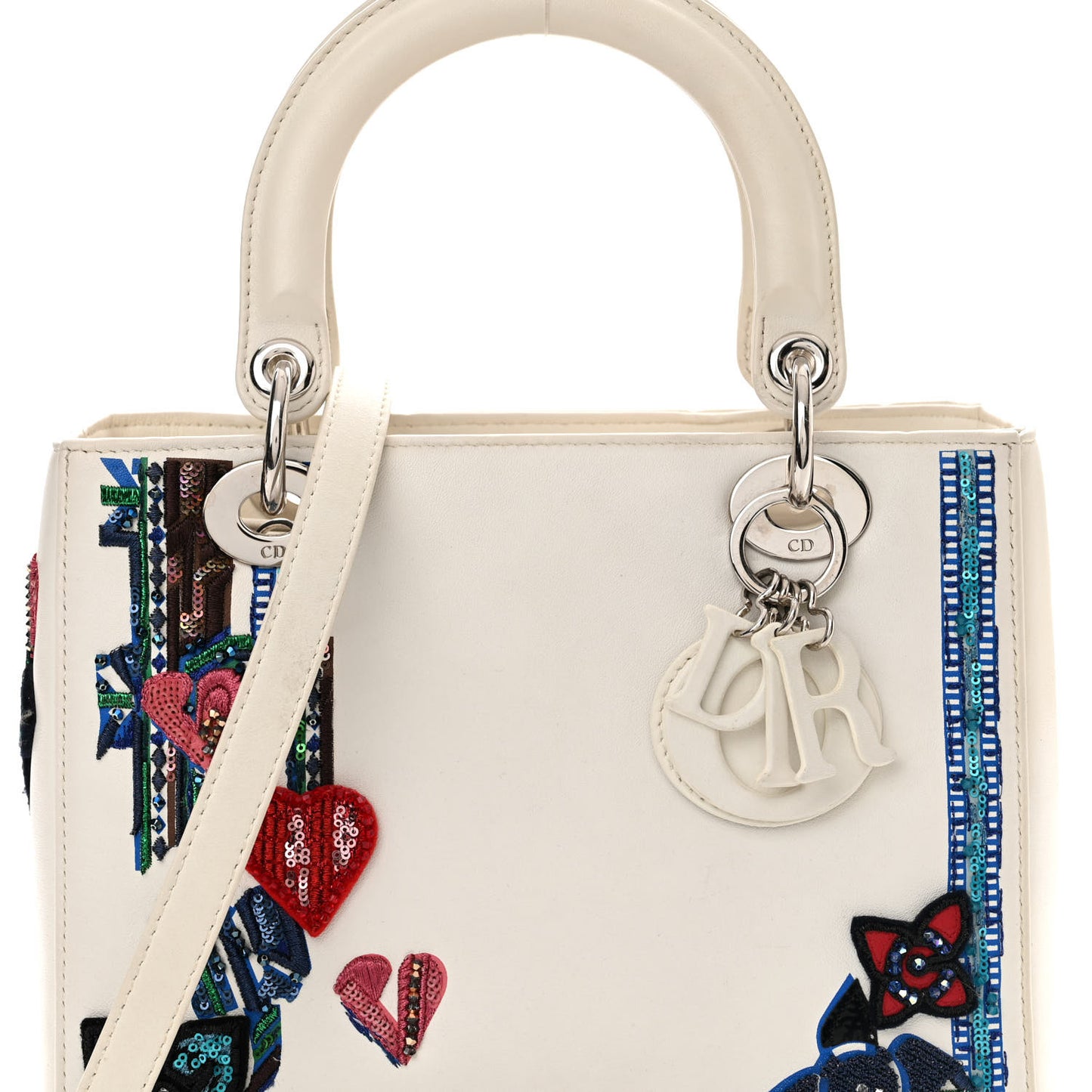 Smooth Calfskin Embroidered Beaded Floral Medium Lady Dior White Multicolor