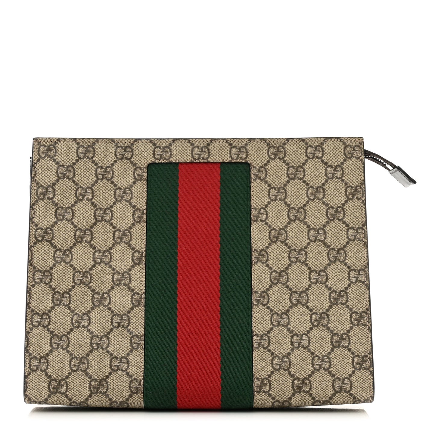 GG Supreme Monogram Selleria Calfskin Web New Web Cosmetic Case Beige Ebony Cocoa