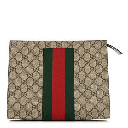 Gucci GG Supreme Monogram Selleria Calfskin Web New Web Cosmetic Case Beige Ebony Cocoa 1 of 7