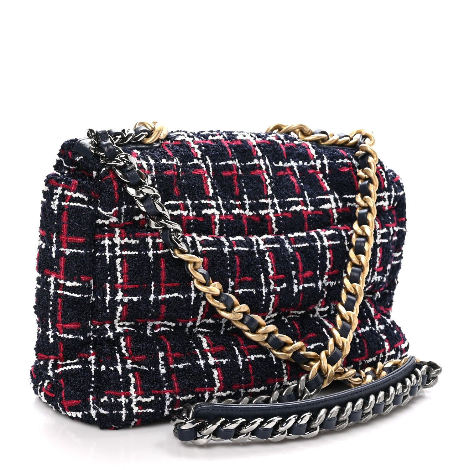 Chanel Tweed Quilted Large Chanel 19 Flap Navy Blue White Red 3 of 10
