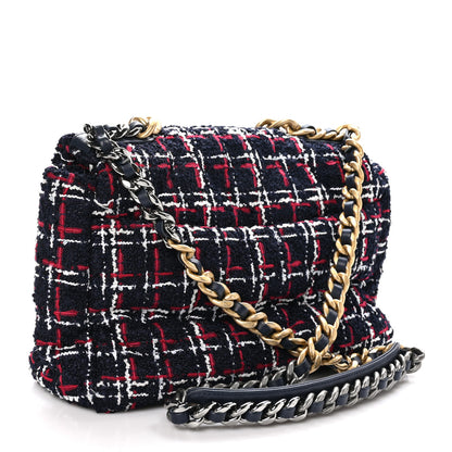 Chanel Tweed Quilted Large Chanel 19 Flap Navy Blue White Red 3 of 10