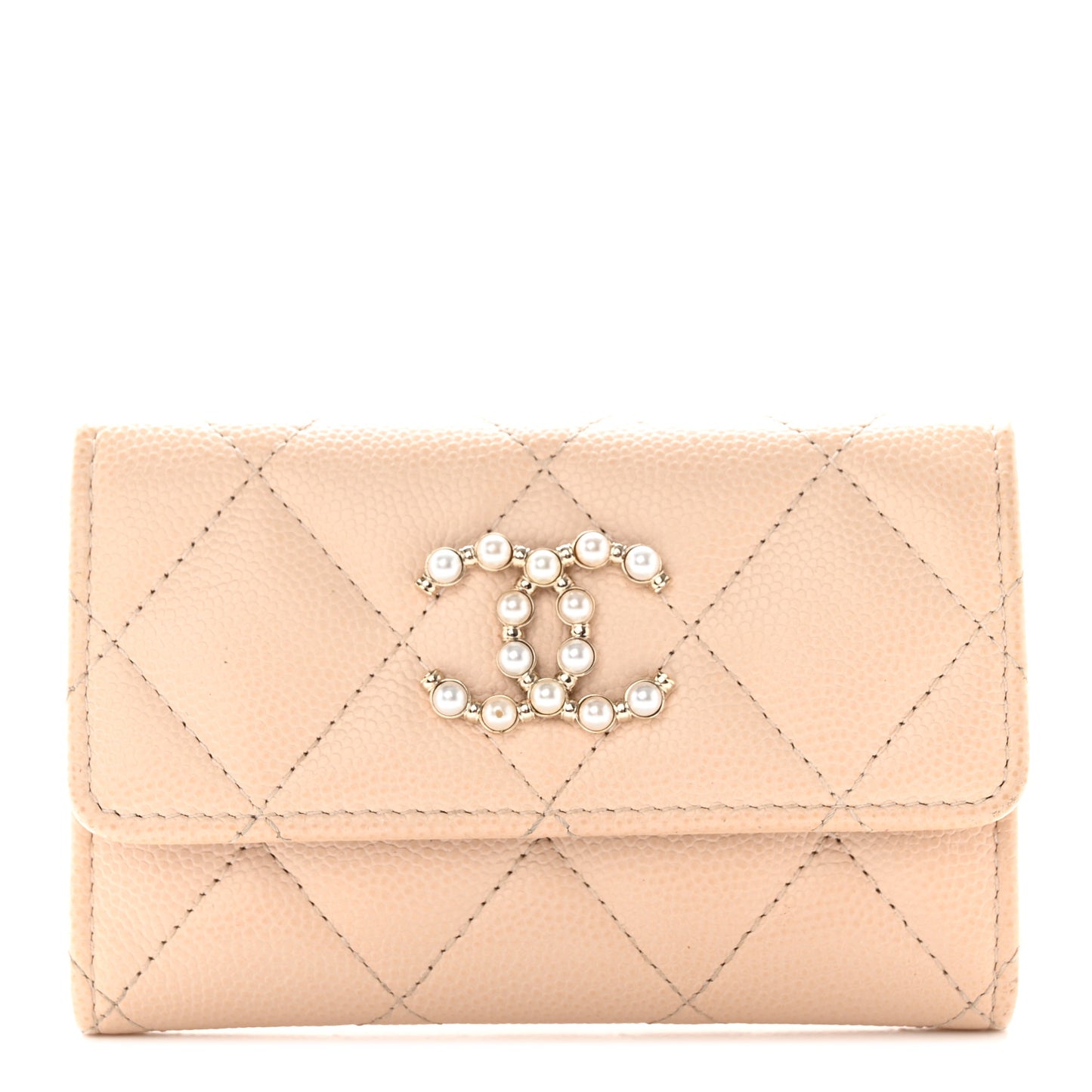 Caviar Pearl Quilted Coco Candy Flap Card Holder Beige