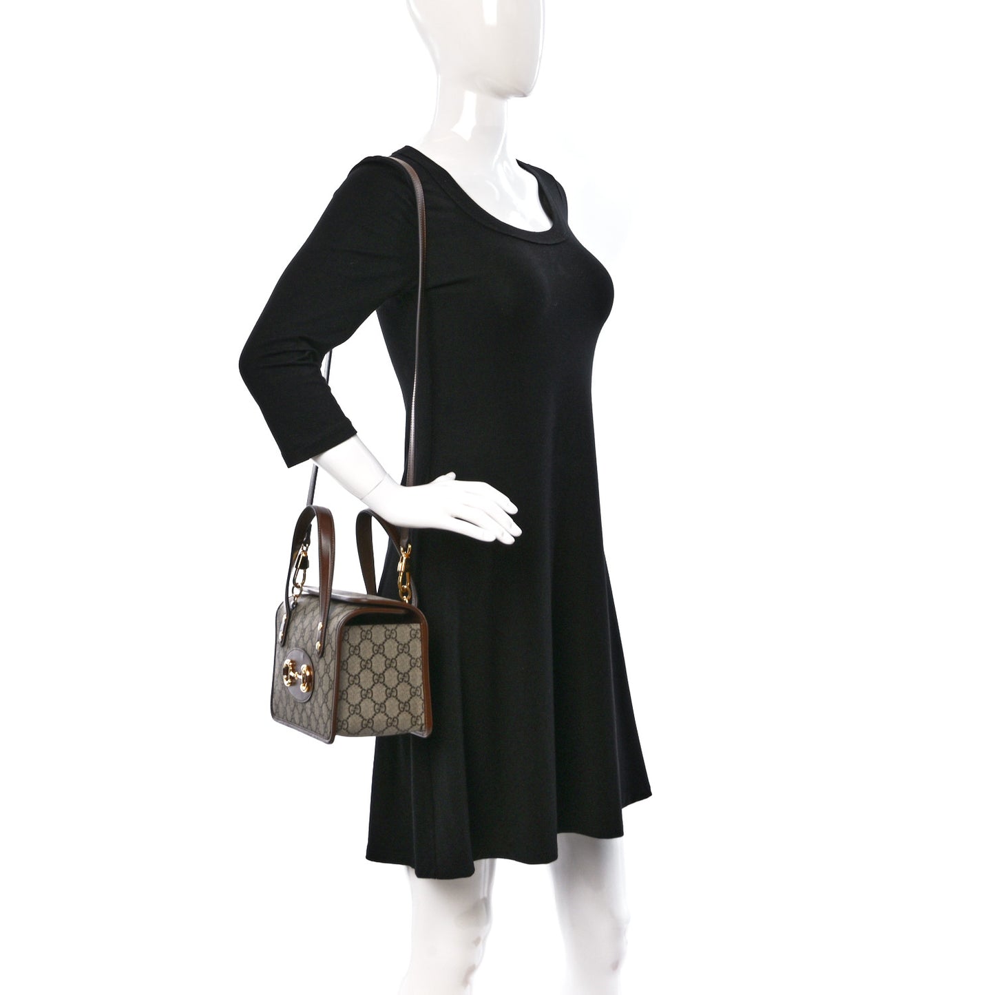 GG Supreme Monogram Azalea Calfskin Mini Horsebit 1955 Foldover Top Handle Bag Beige Ebony Brown Sugar