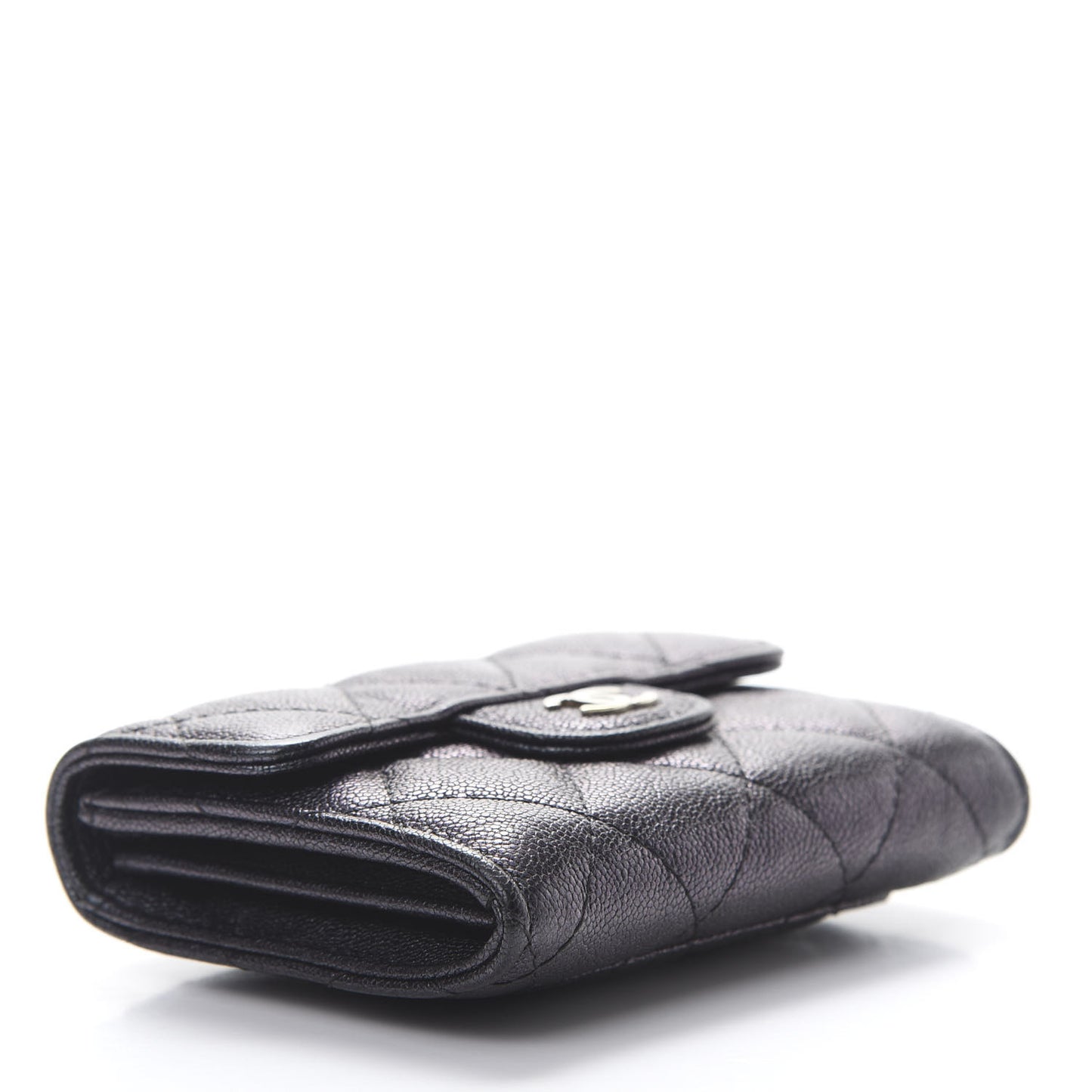 Iridescent Caviar Quilted Flap Card Holder Wallet Black