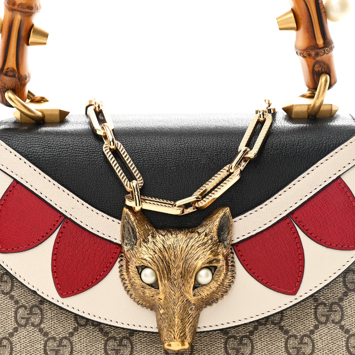 Gucci GG Supreme Monogram Goatskin Pearl Mini Fox Broche Bamboo
