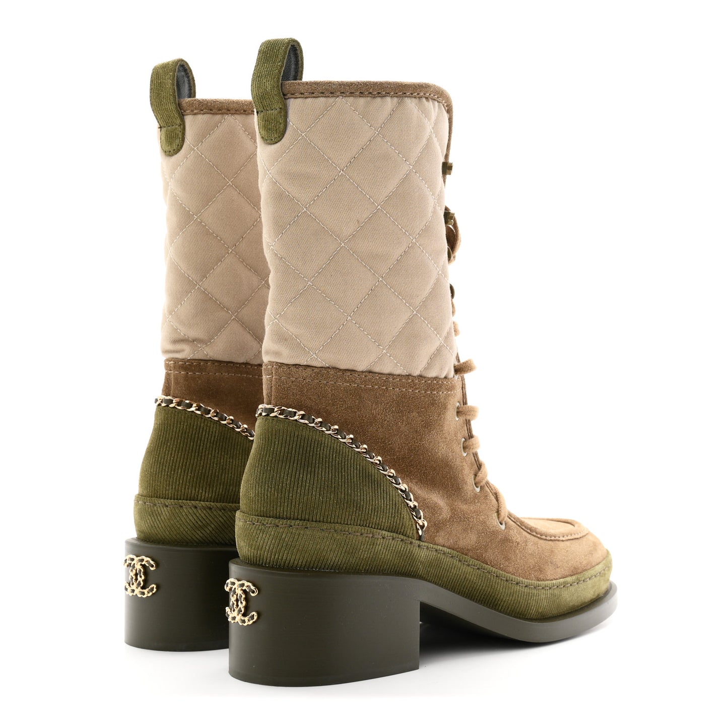 Suede Calfskin Cotton Quilted CC Chain Combat Boots 38 Light Grey Brown Khaki
