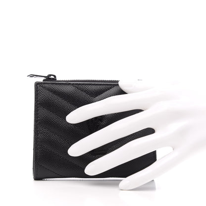 Saint Laurent Grain De Poudre Matelasse Chevron Monogram Zipped Card Case Black 2 of 6