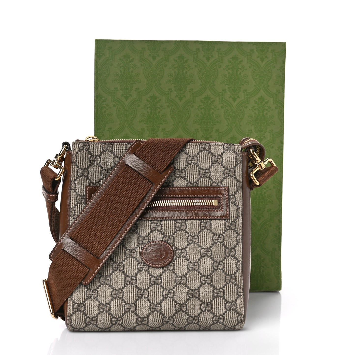GG Supreme Monogram Azalea Calfskin Retro Interlocking G Flat Messenger Bag Beige Ebony Brown Sugar