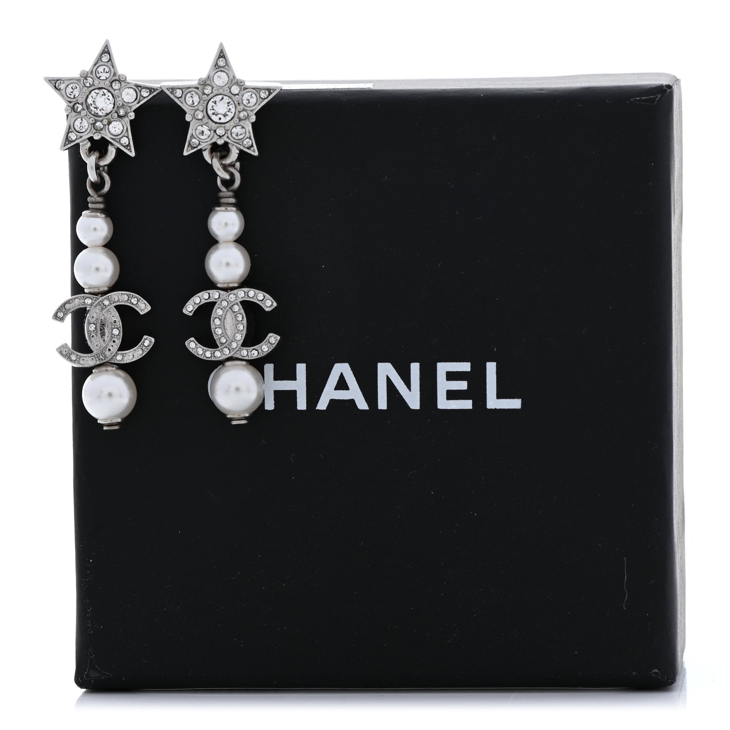 Chanel Crystal Pearl CC Star Drop Earrings Silver 5 of 5
