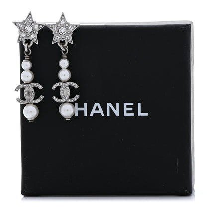 Chanel Crystal Pearl CC Star Drop Earrings Silver 5 of 5