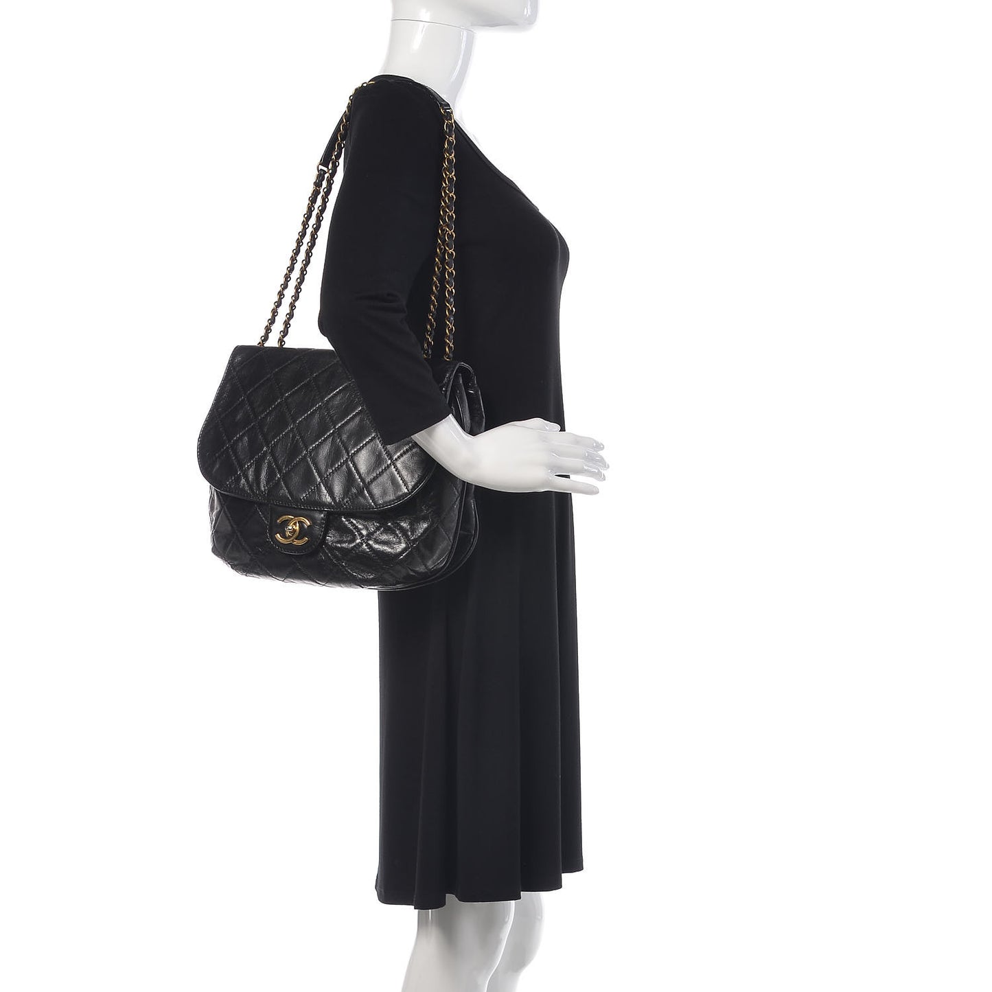 Aged Glazed Calfskin Quilted Large Bubble CC Flap Black