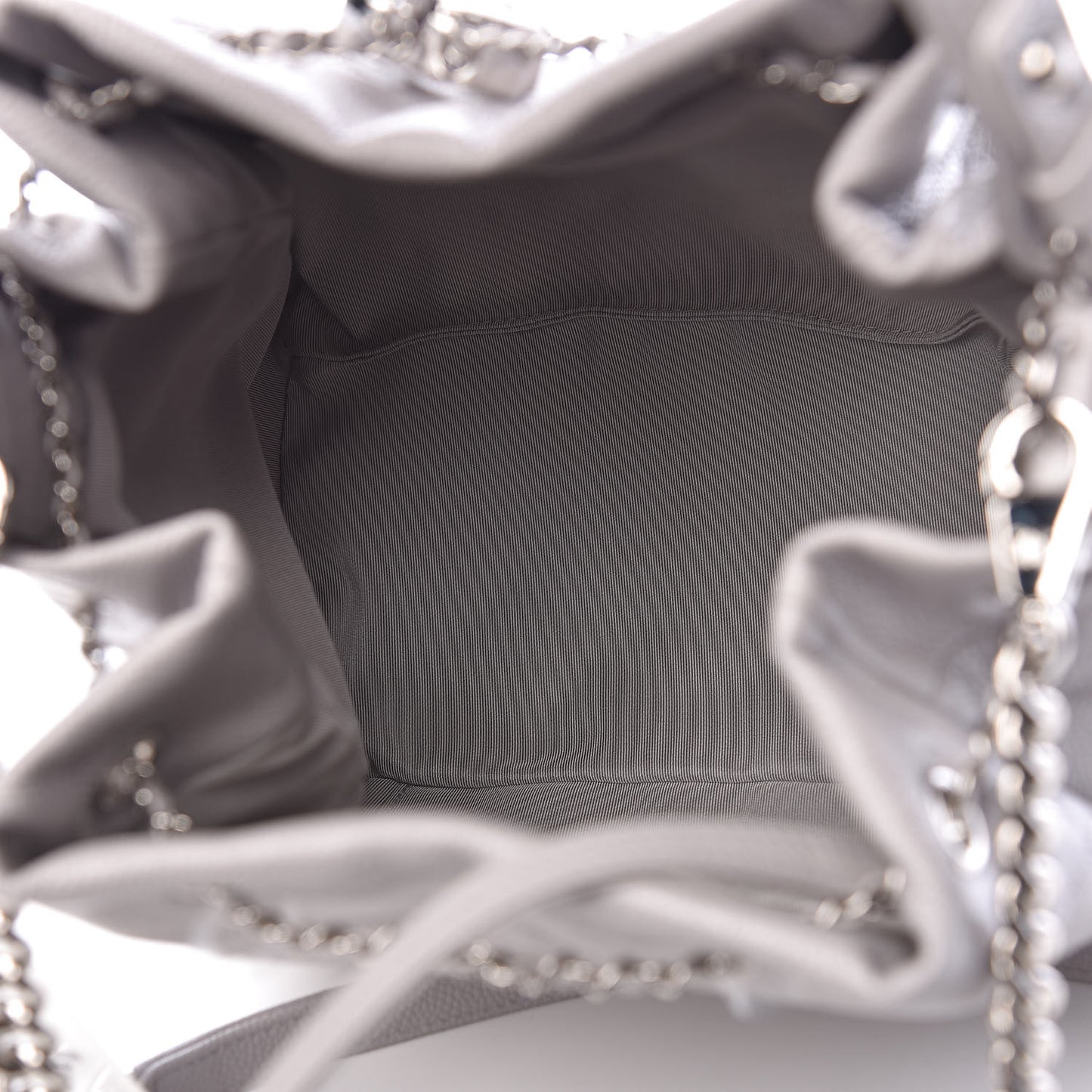 Grained Calfskin Quilted Medium CC Chain Bucket Drawstring Bag Light Grey