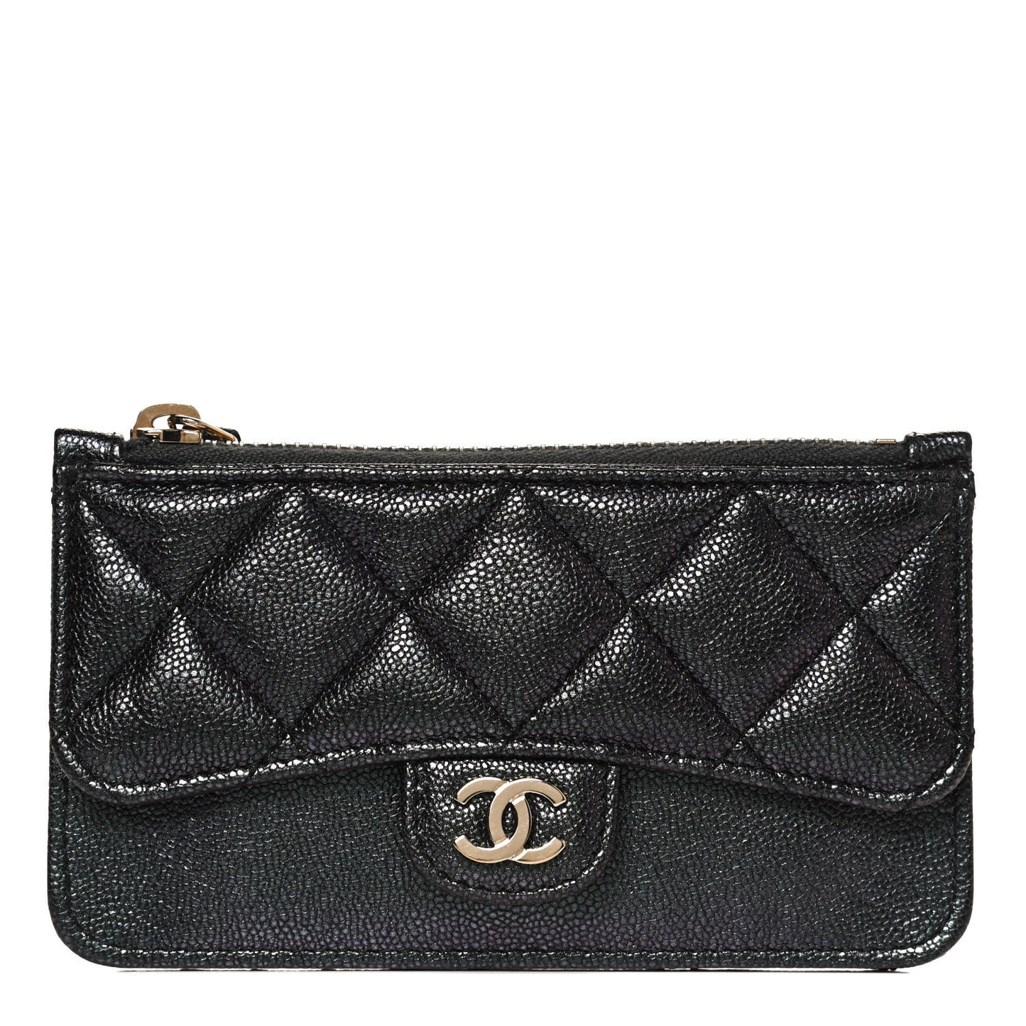 Iridescent Caviar Quilted Flap Zip Card Holder Black