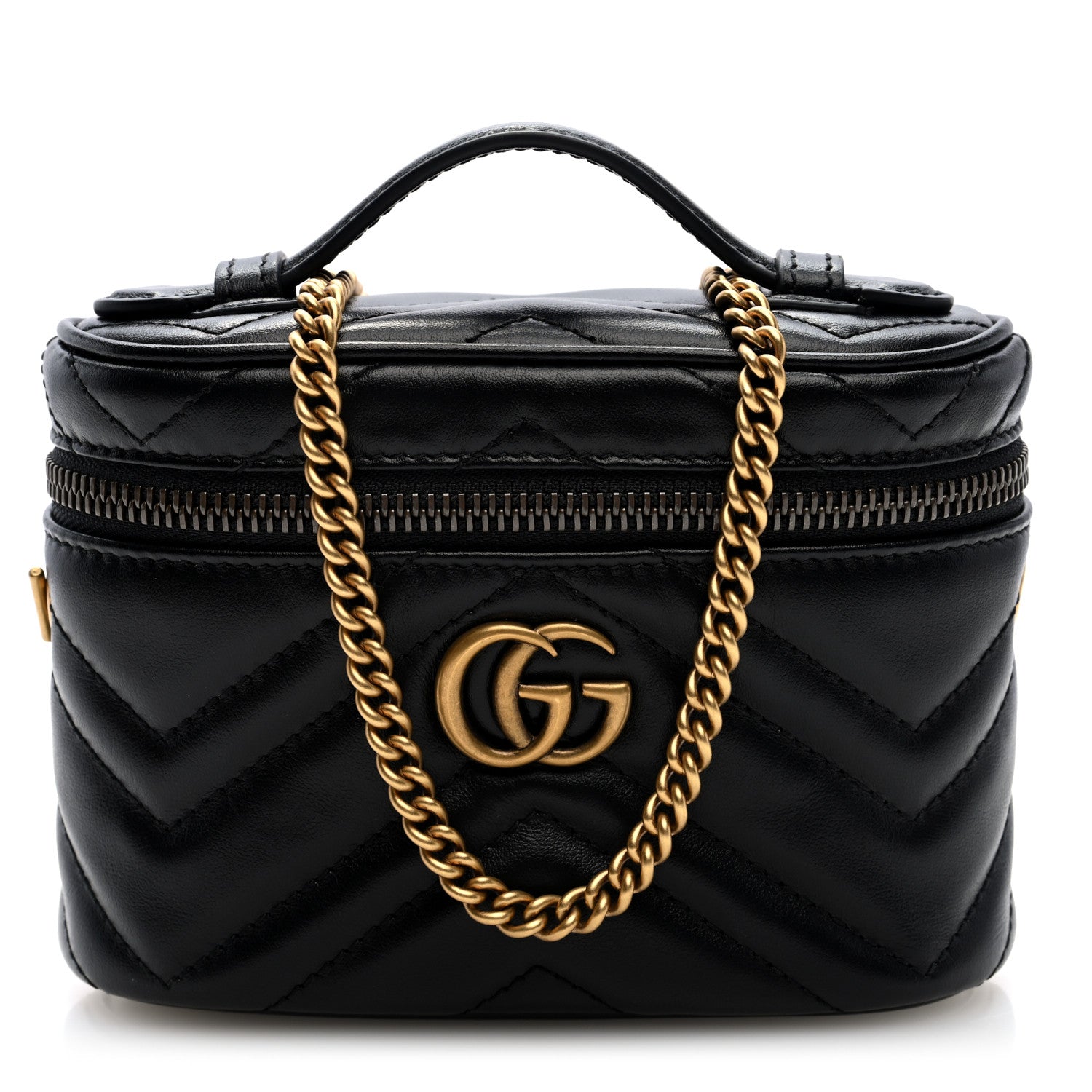 Gucci Calfskin Matelasse Chevron Mini GG Marmont Top Handle Bag Black 1 of 9