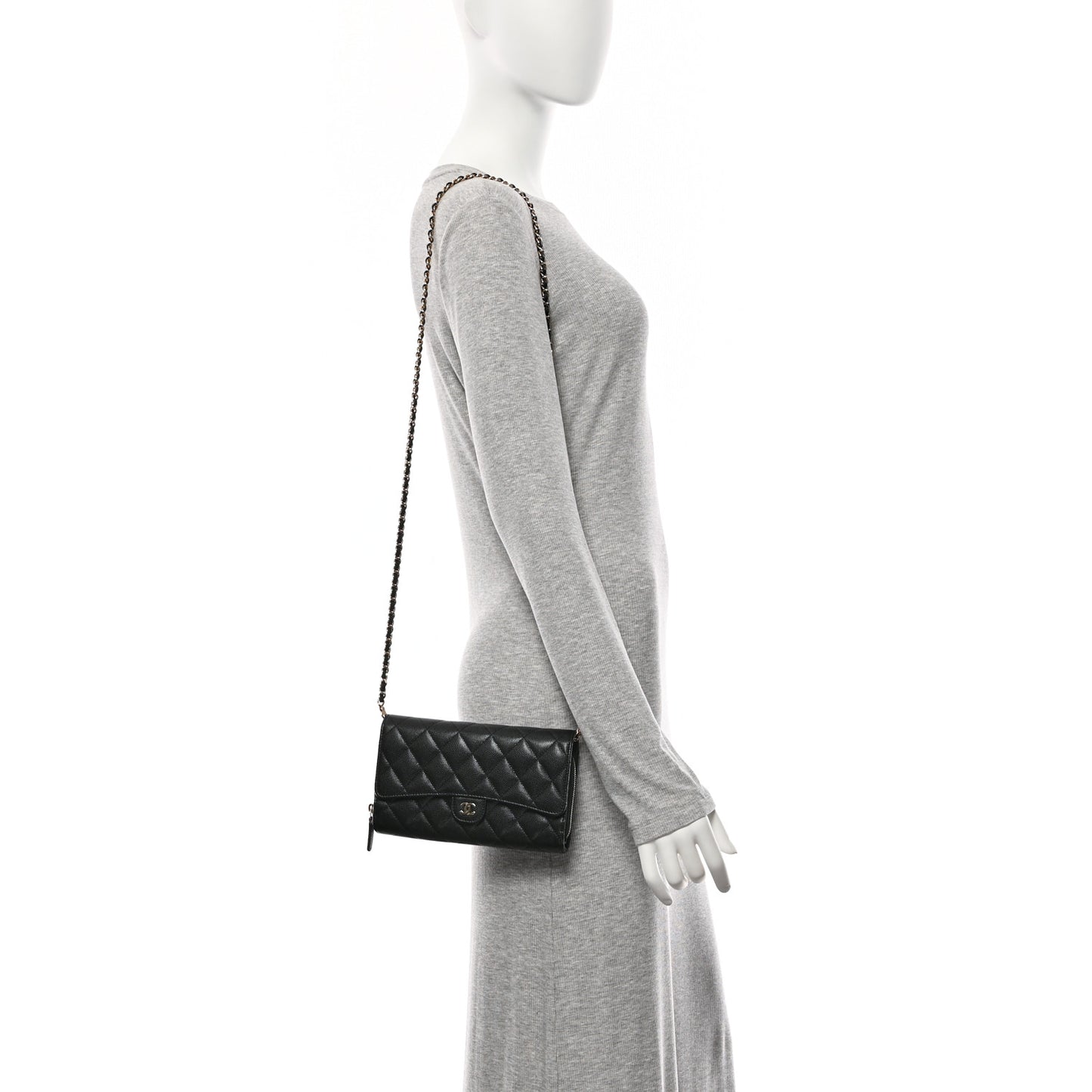 Caviar Quilted Phone Holder Wallet on Removable Chain Black