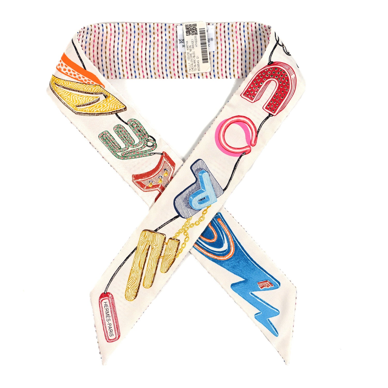 Hermes Silk Chevaloscope Neon Twilly White Bleu Rouge 1 of 4