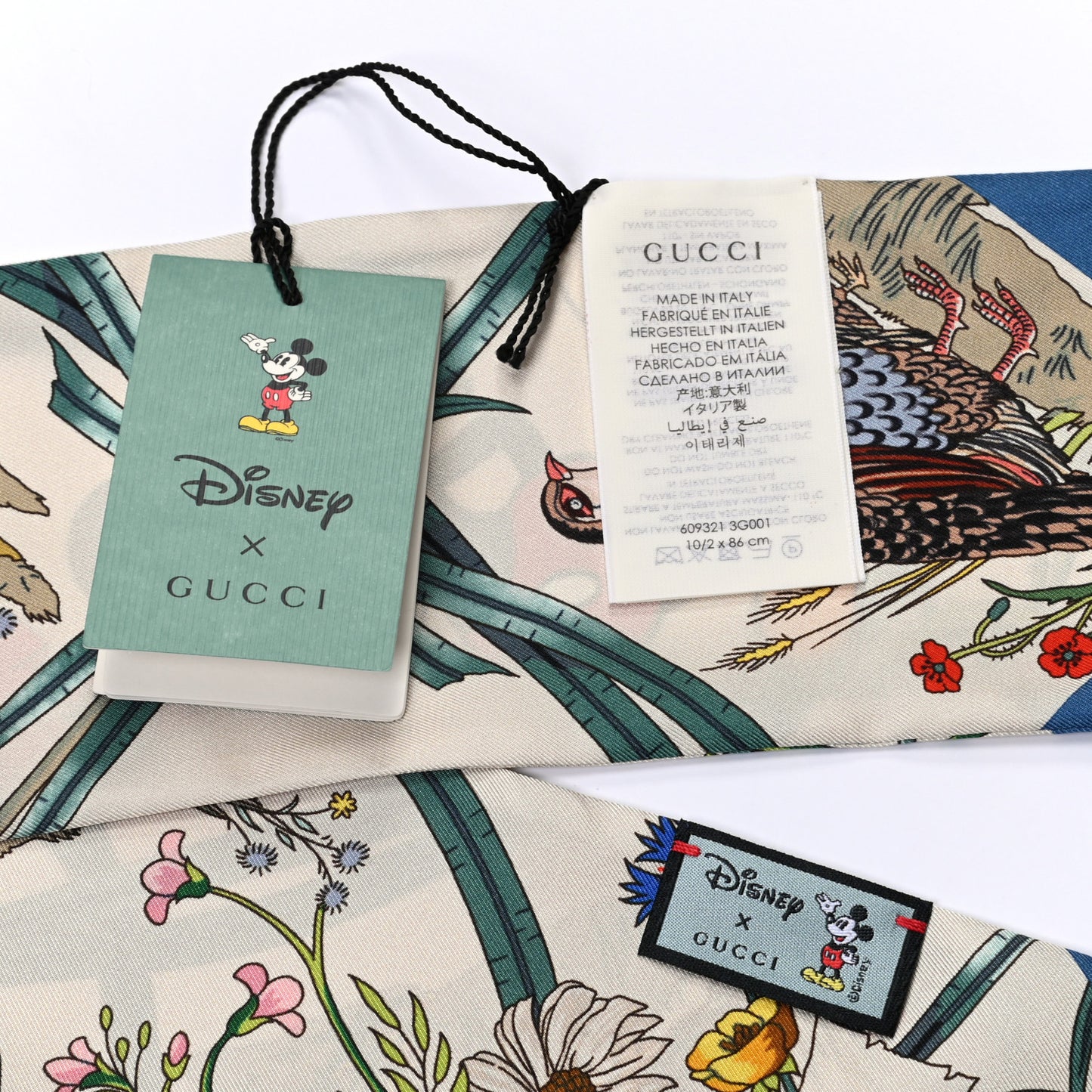 X DISNEY Silk Twill Mickey Lac Neck Bow Scarf Ivory Blue
