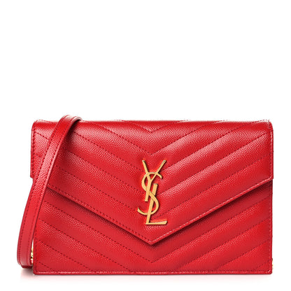 Saint Laurent Grain De Poudre Matelasse Chevron Monogram Envelope Chain Wallet New Red 1 of 10