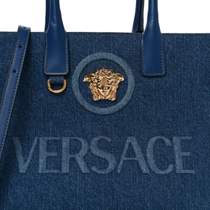 Versace Denim Calfskin La Medusa Small Tote Bag Blue 7 of 9