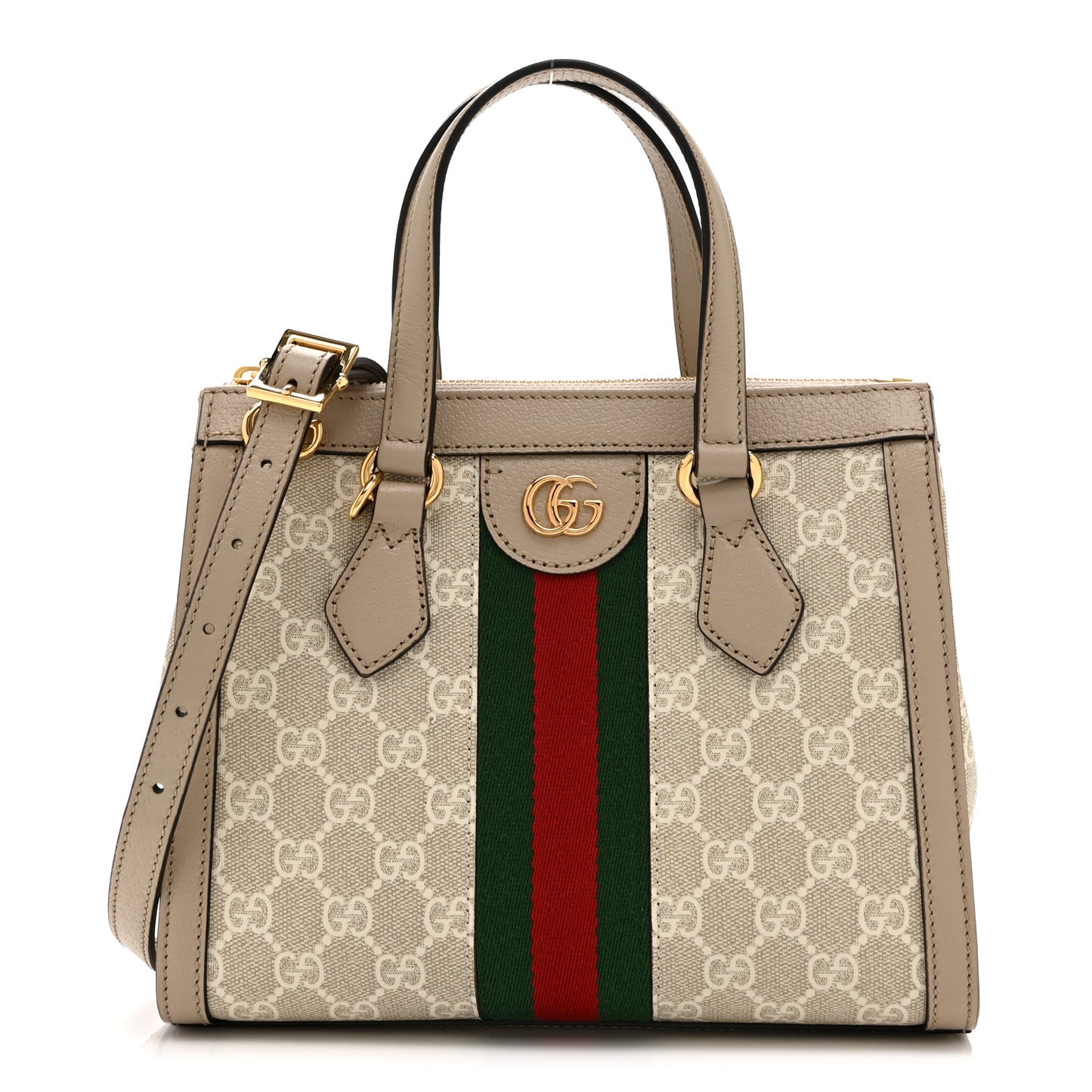GG Supreme Monogram Textured Dollar Calfskin Web Small Ophidia Tote Bag Beige Mystic White Oatmeal