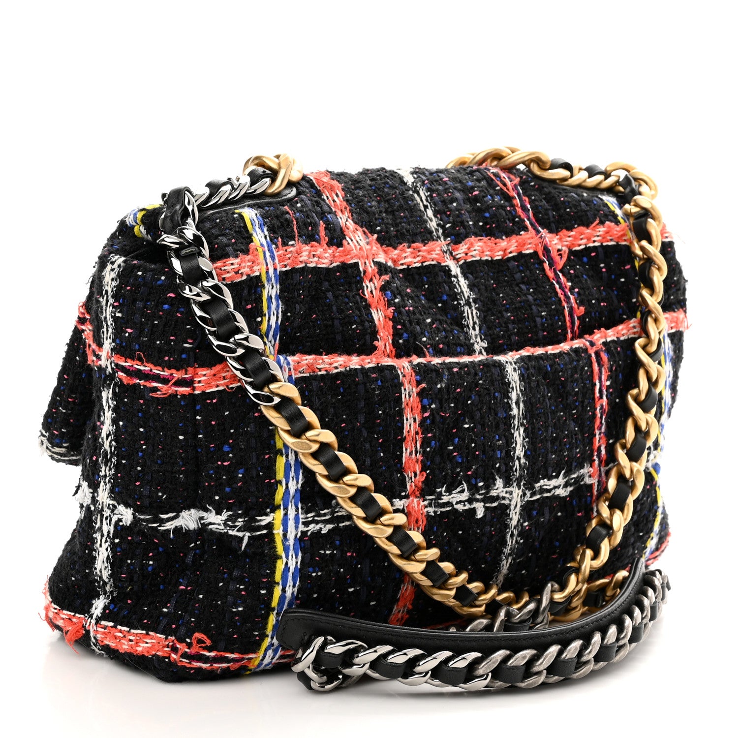 Chanel Tweed Quilted Large Chanel 19 Flap Black Orange Blue 3 of 10