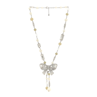 Chanel Crystal Baguette Pearl Bow Necklace Silver 3 of 4