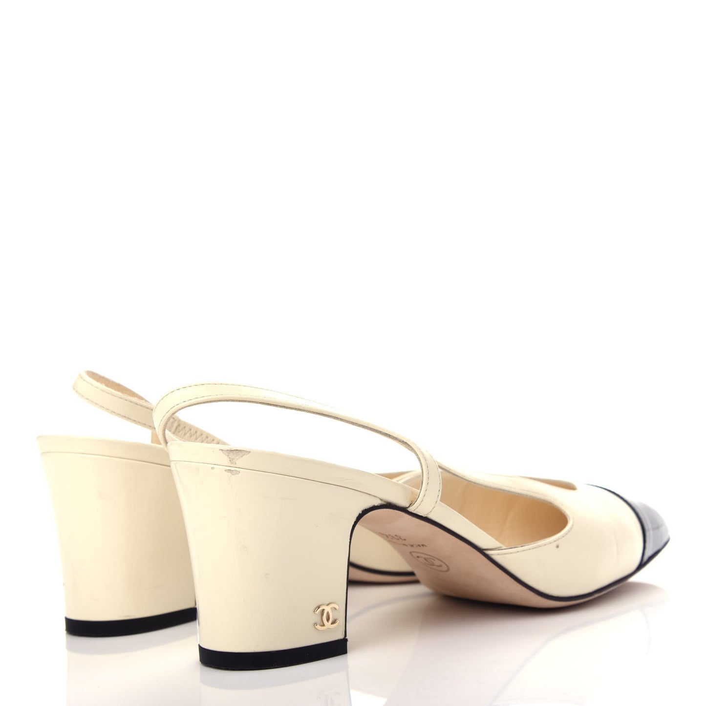 Patent Calfskin Cap Toe CC Slingback Pumps 39.5 White Black