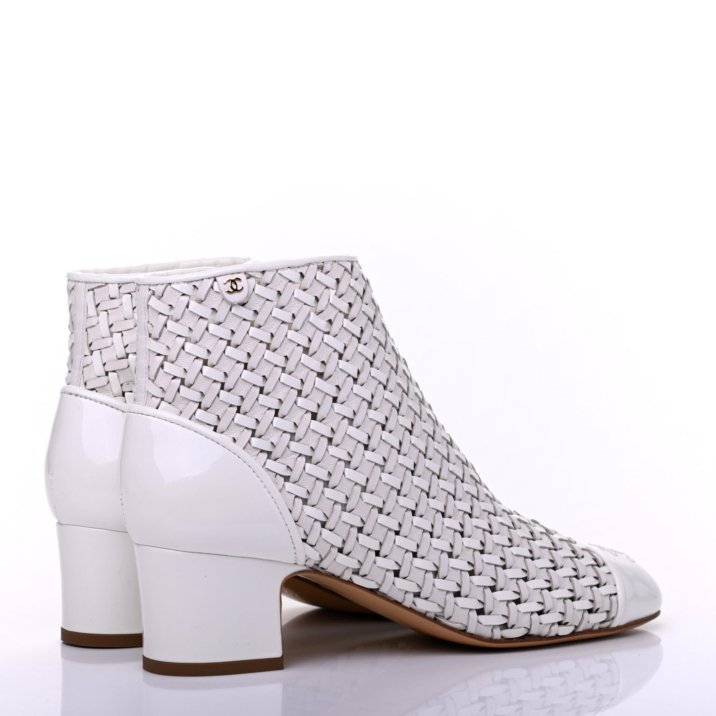 Woven Lambskin Patent Calfskin Cap Toe Short Boots 40 White