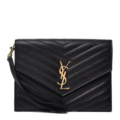 Saint Laurent Grain De Poudre Matelasse Chevron Monogram Envelope Clutch Black 1 of 7