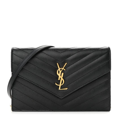 Saint Laurent Grain De Poudre Matelasse Chevron Monogram Envelope Chain Wallet Black 1 of 11