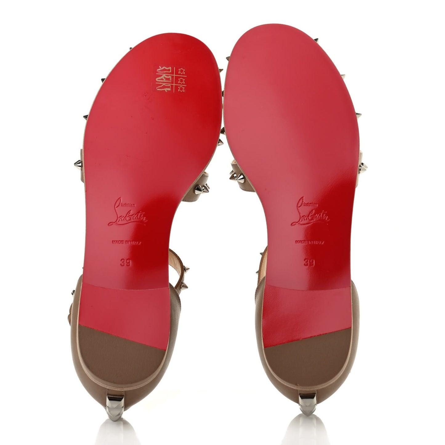 Calfskin Loubiclou Studded Cage Flat Sandals 39 Beige