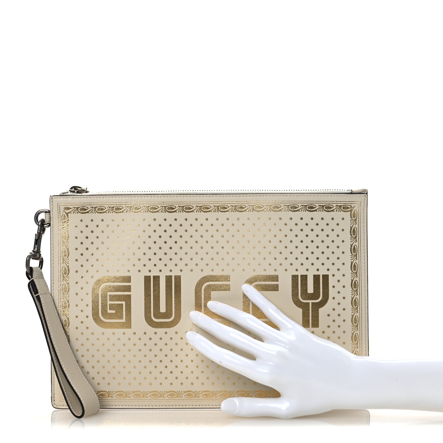 Gucci X SEGA Calfskin GUCCY Stars Zip Wristlet Pouch Mystic White Gold 2 of 11