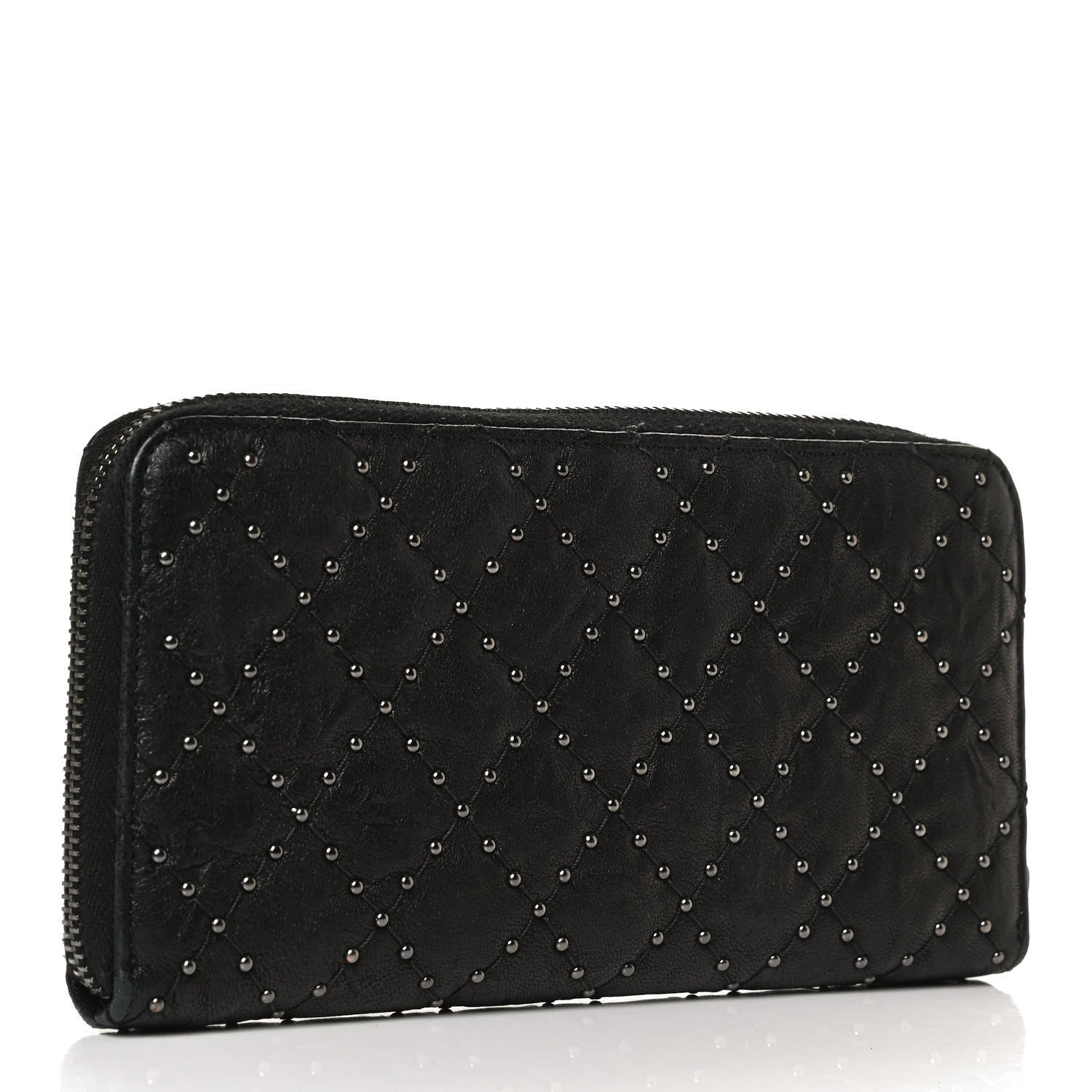 Chanel Crumpled Lambskin Studded Paris Dallas Zip Around Wallet Black 3 of 13