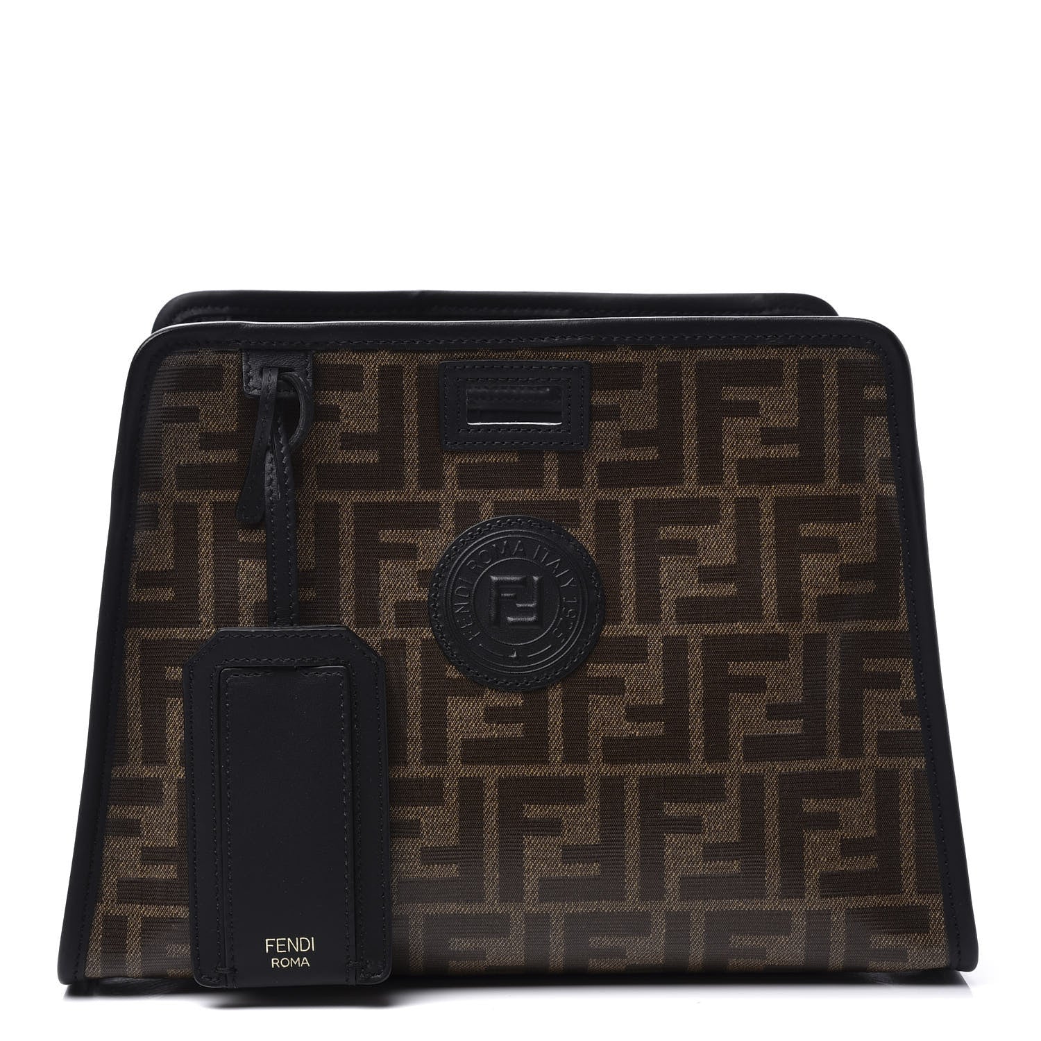 Fendi Glazed Fabric Vitello Century FF 1974 Stamp Patch Mini Peekaboo Defender Cover Mogano Panna Black 1 of 11