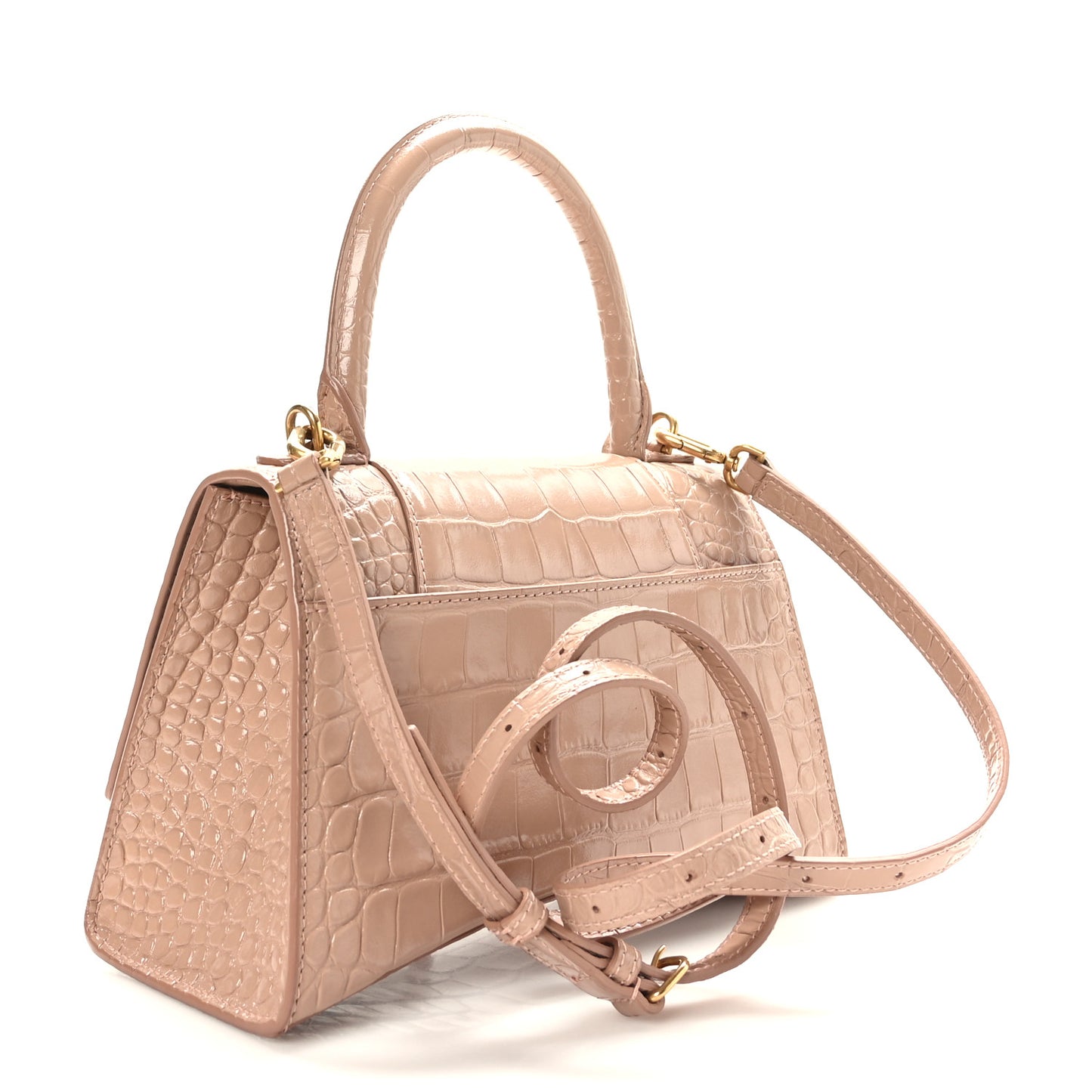 Shiny Calfskin Crocodile Embossed Small Hourglass Top Handle Bag Nude Beige