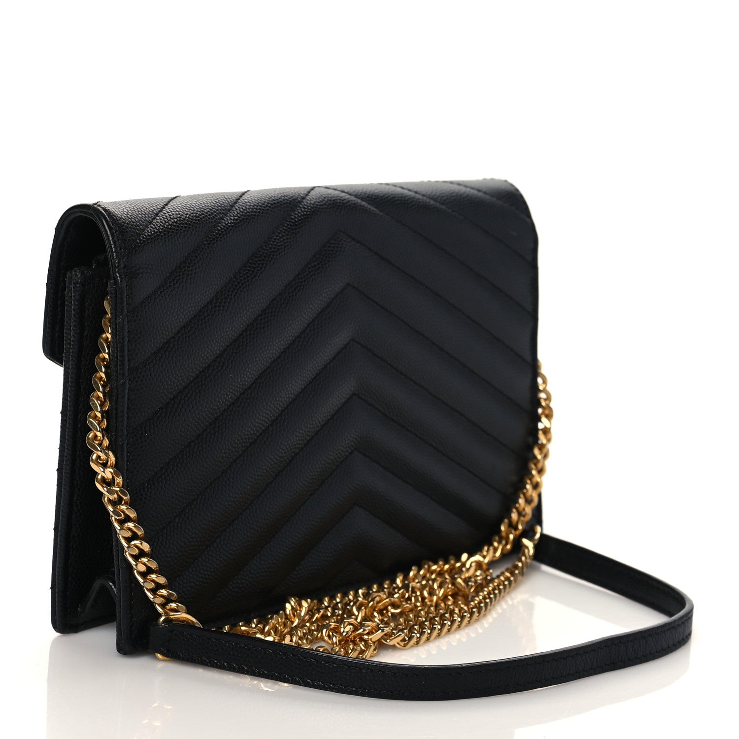 Saint Laurent Grain De Poudre Matelasse Chevron Monogram Envelope Chain Wallet Black 2 of 8